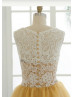 Ivory Lace Yellow Tulle Knee Short Bridesmaid Dress